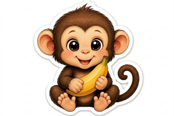 Cute Baby Monkey with Banana Sticker PNG