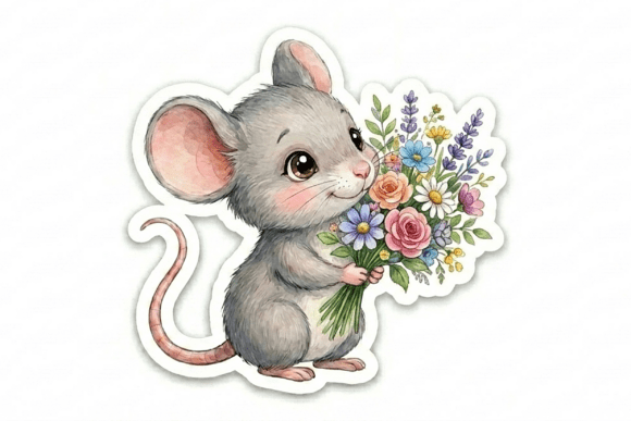 Cute Mouse with Flower Bouquet Sticker P