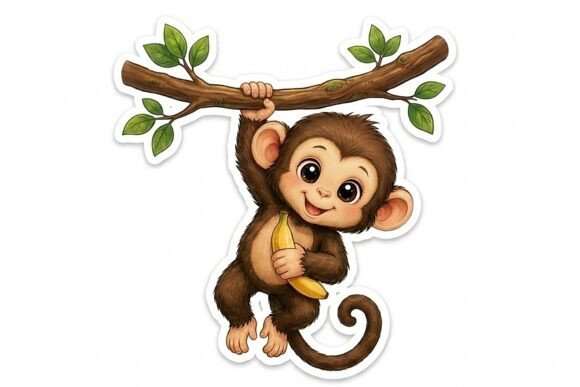 Monkey Hanging from Branch with Banana S: A Kawaii Sticker Design for Creative Projects