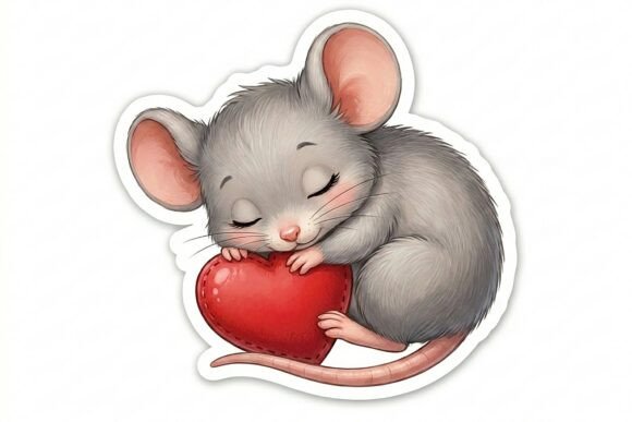 Sleeping Mouse Hugging Heart Sticker PNG